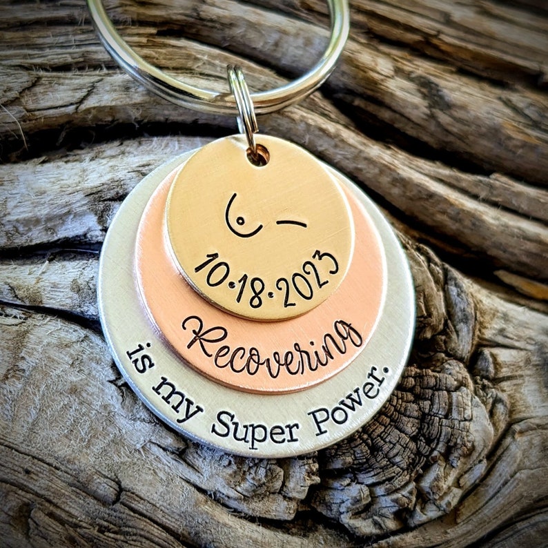 Breast cancer recovery keychain. Unilateral bilateral mastectomy remission gift. image 1