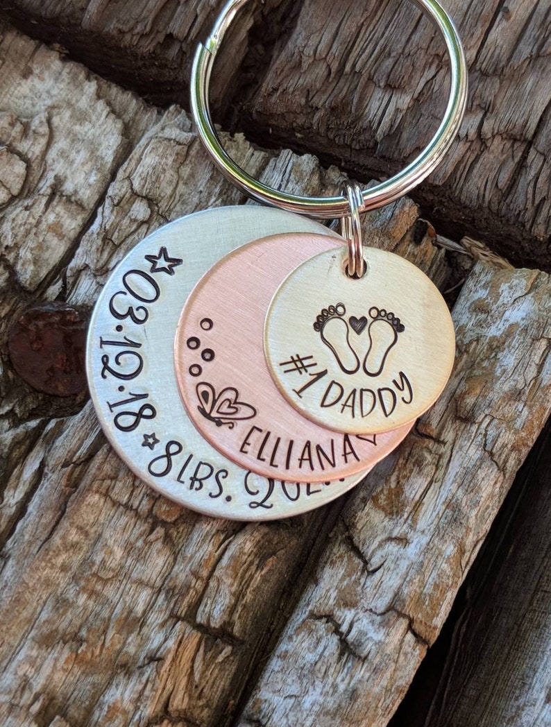 Personalized hand stamped new baby keychain. First fathers day gift. New daddy gift. Number 1 daddy. New father keychain. Gift for husband image 8