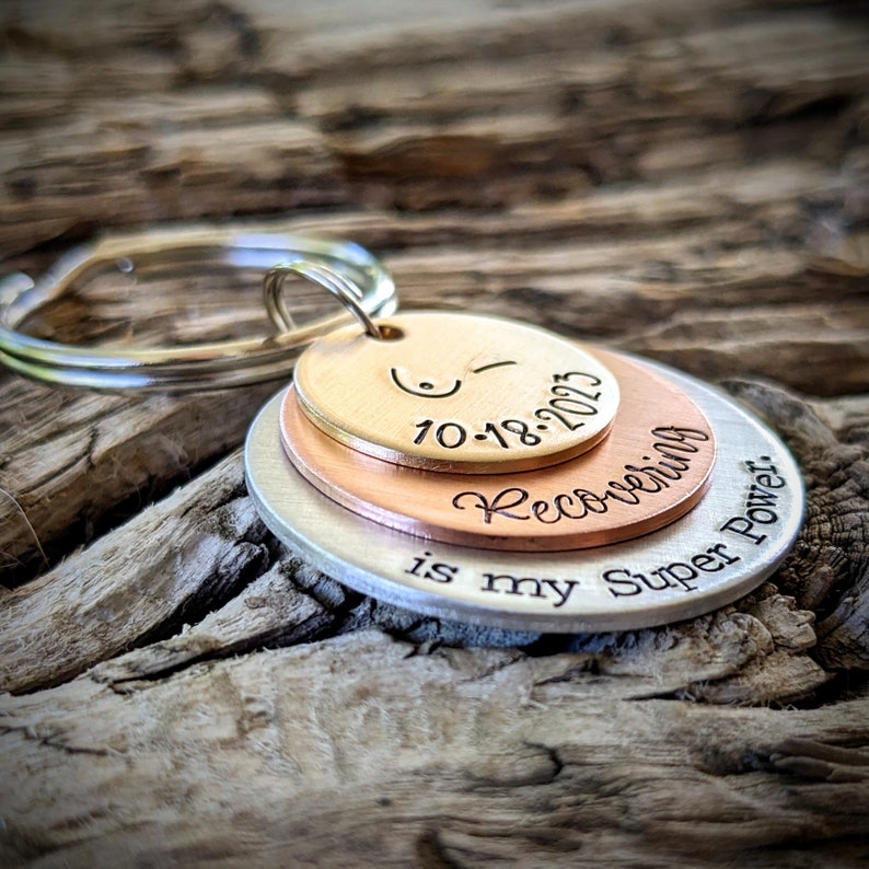 Breast cancer recovery keychain. Unilateral bilateral mastectomy remission gift. image 9