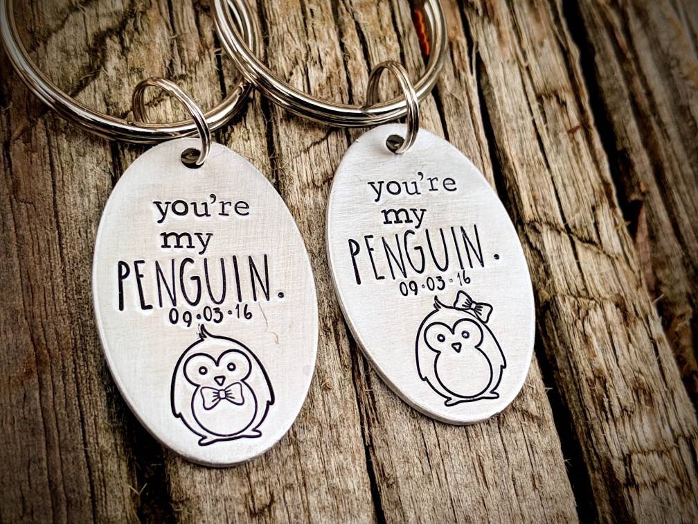 Personalized hand stamped penguin keychains. Couples gift set. | Etsy