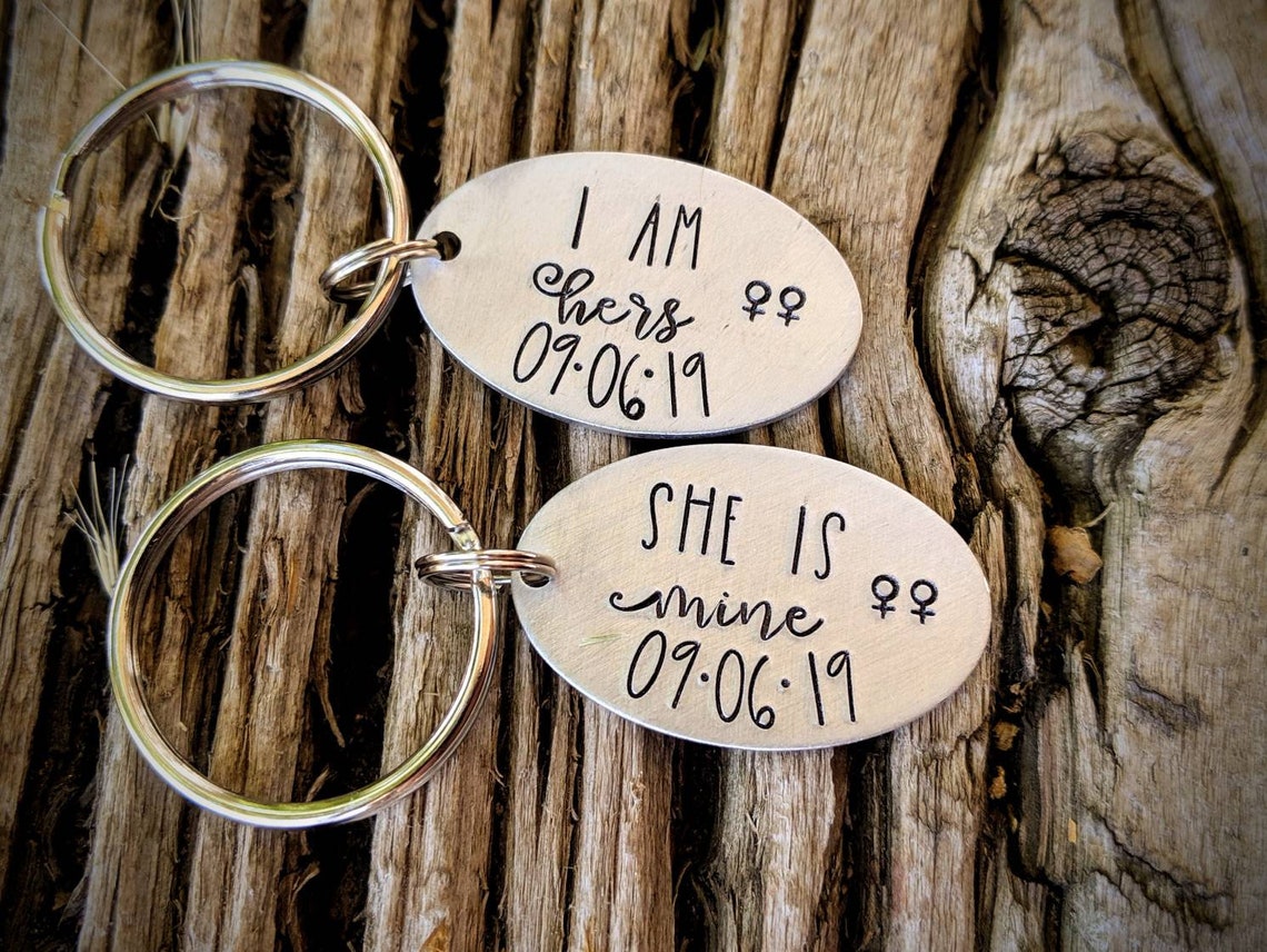 Personalized hand stamped girlfriend keychains. Matching | Etsy