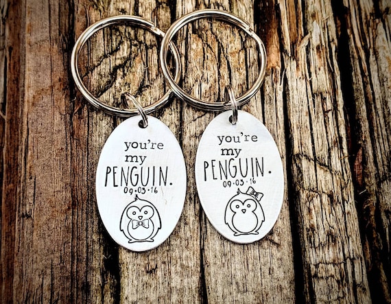 Personalized Hand Stamped Penguin Keychains. Couples Gift Set. | Etsy