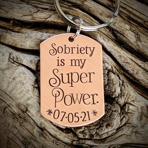 Personalized hand stamped sobriety keychain. Addiction recovery anniversary presents. Sober birthday 1 year 2 years 30 days aa na coin