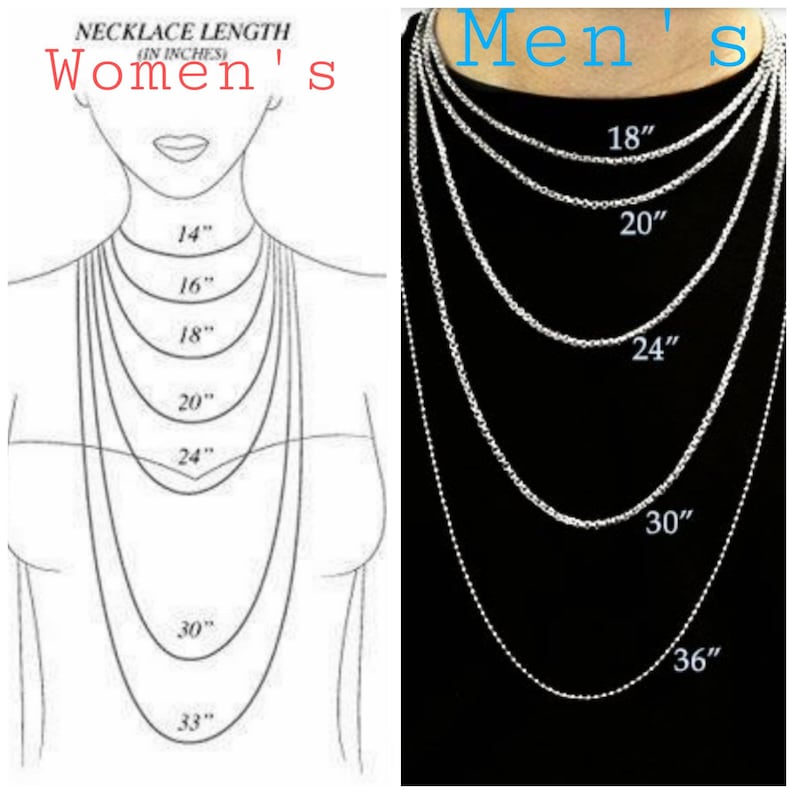 May include: A diagram showing different necklace lengths in inches for both men and women. The women's side shows lengths from 14 to 33 inches, while the men's side shows lengths from 18 to 36 inches.