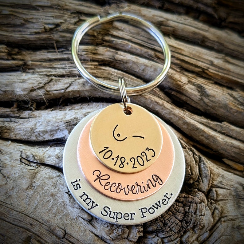 Breast cancer recovery keychain. Unilateral bilateral mastectomy remission gift. image 5
