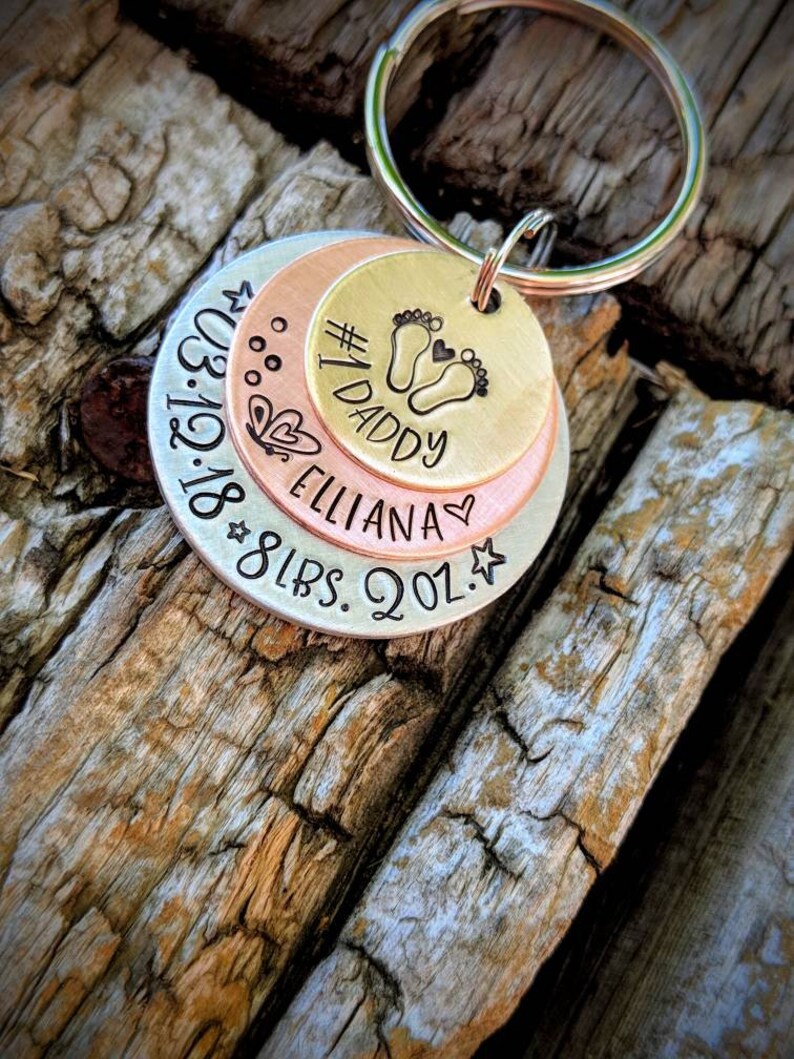 Personalized hand stamped new baby keychain. First fathers day gift. New daddy gift. Number 1 daddy. New father keychain. Gift for husband image 10