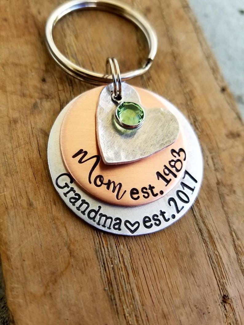 Personalized hand stamped keychain. Pregnancy announcement. New grandma gift. First mothers day gift. New grandmother. Mothers day necklace 