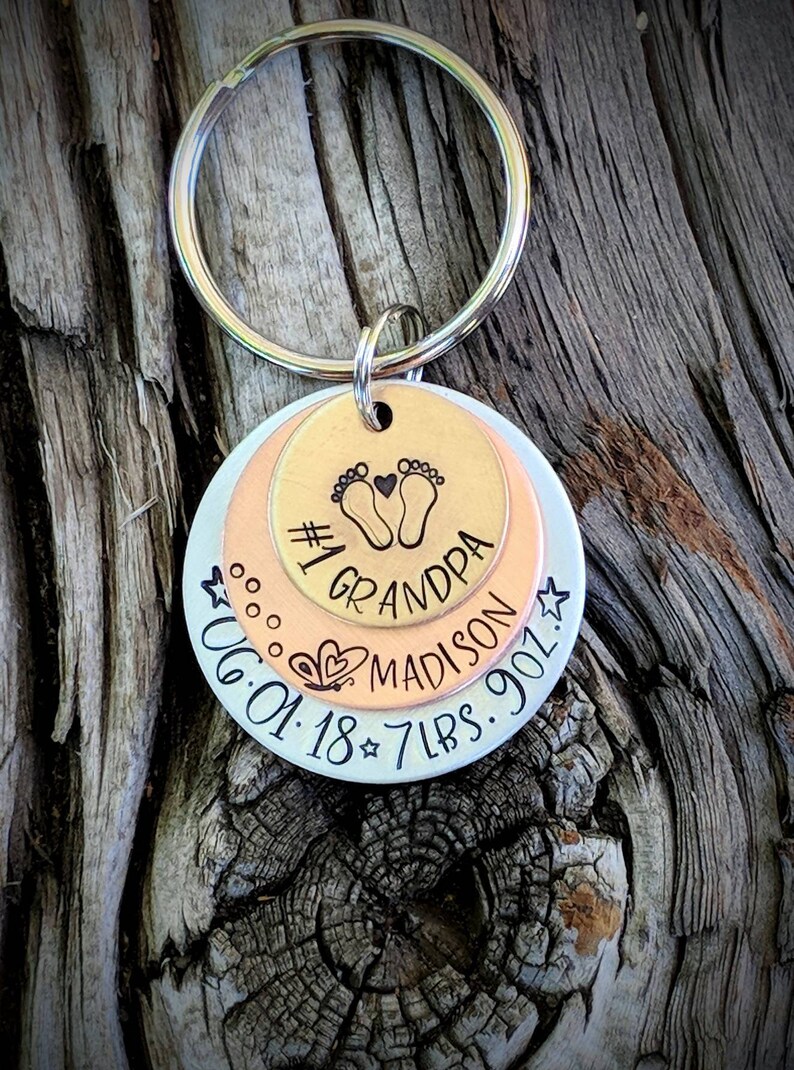 Layered mixed metal gift. Number one grandpa Gift from grandkids Personalized grandpa keychain Grandfather gift Hand stamped keychain