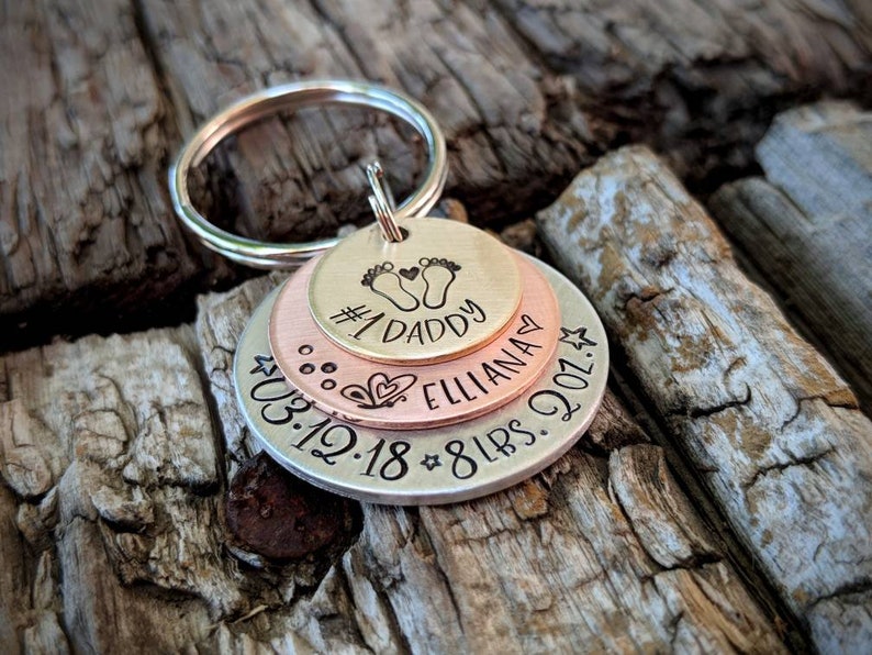 Personalized hand stamped new baby keychain. First fathers day gift. New daddy gift. Number 1 daddy. New father keychain. Gift for husband image 9