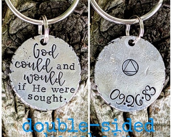 Personalized sobriety coin. Hand stamped sober birthday gift. Recovery keychain. Sobriety anniversary gift. Custom sobriety keychain.