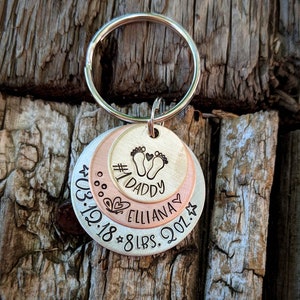 Personalized hand stamped new baby keychain. First fathers day gift. New daddy gift. Number 1 daddy. New father keychain. Gift for husband image 5