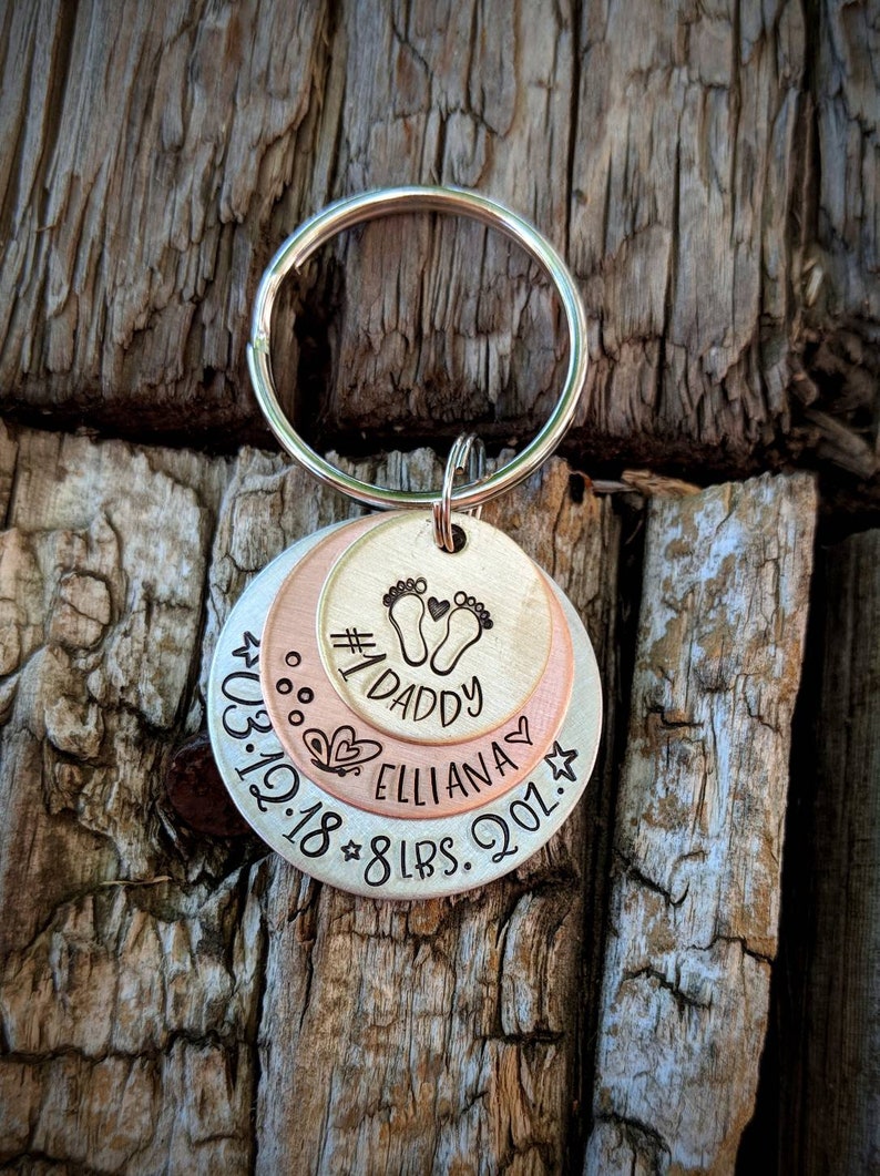 Personalized hand stamped new baby keychain. First fathers day gift. New daddy gift. Number 1 daddy. New father keychain. Gift for husband image 5