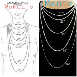 May include: A diagram showing necklace lengths in inches for both women and men. The women's side shows lengths from 14 to 33 inches, while the men's side shows lengths from 18 to 36 inches.