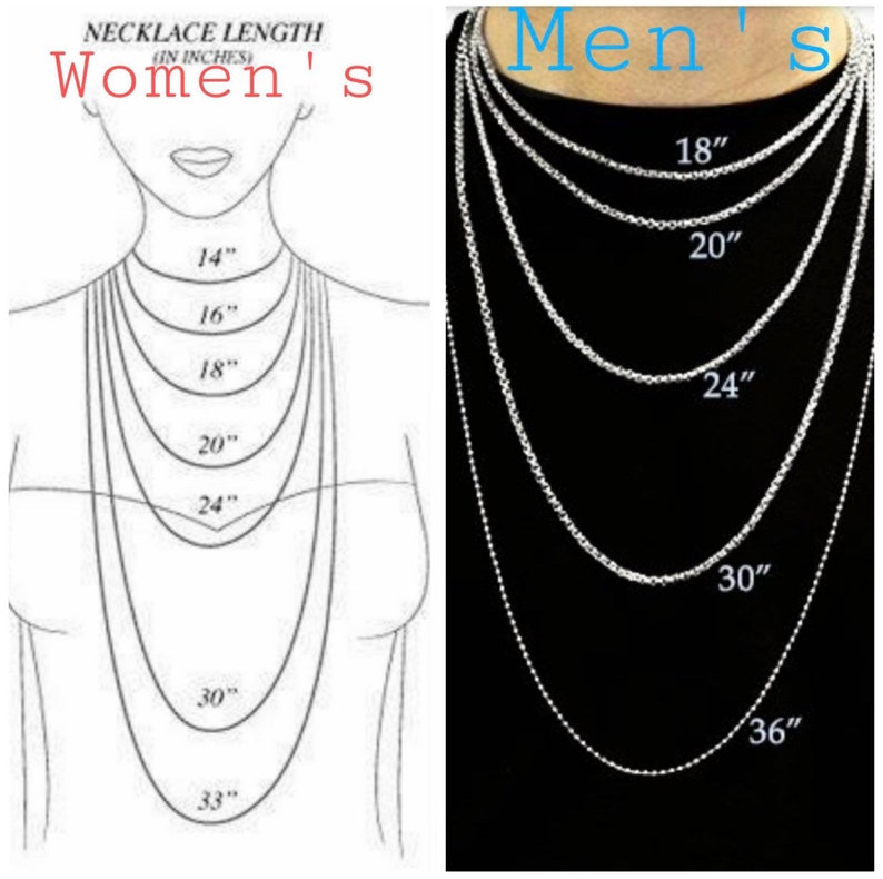 May include: A diagram showing necklace lengths in inches for both women and men. The women's side shows lengths from 14 to 33 inches, while the men's side shows lengths from 18 to 36 inches.