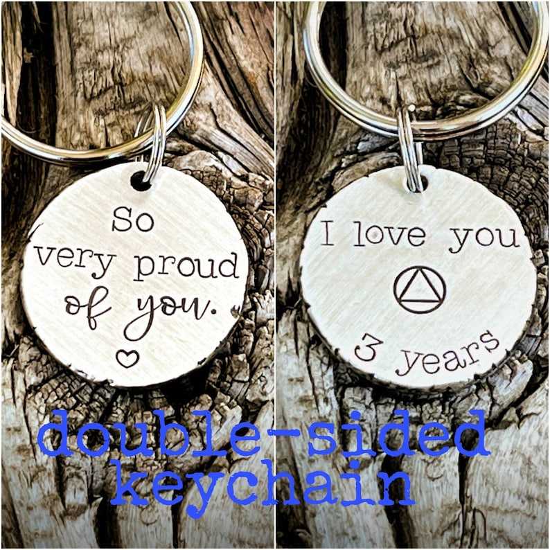 Personalized hand stamped double sided sobriety keychain. Custom sober birthday gift. Recovery anniversary keychain. Addiction recovery gift 