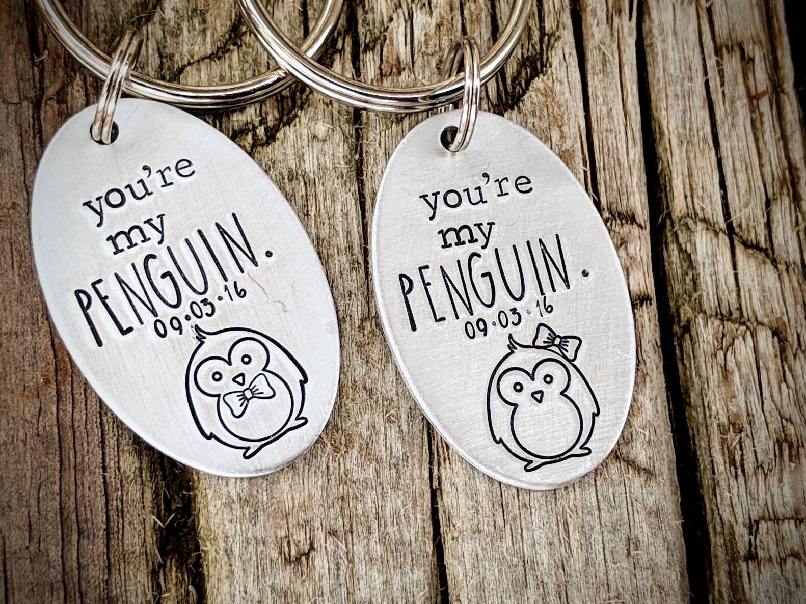 Personalized hand stamped penguin keychains. Couples gift set. | Etsy