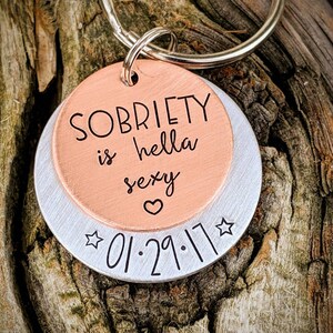 Personalized hand stamped sobriety keychain. Custom sober birthday gift. Recovery anniversary gifts. Alcoholics anonymous AA. NA keychain.