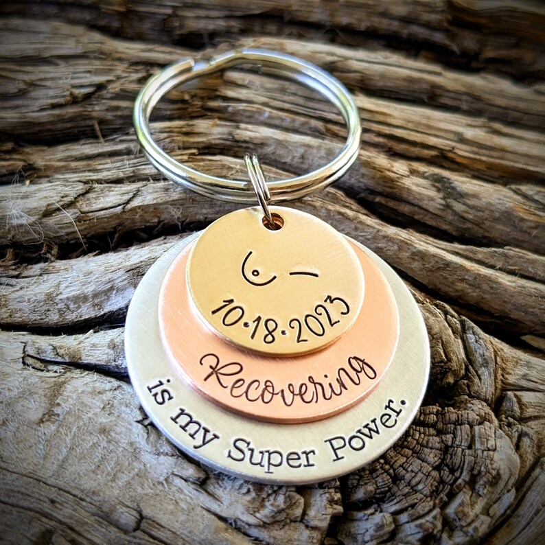 Breast cancer recovery keychain. Unilateral bilateral mastectomy remission gift. image 4