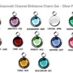 May include: A set of 12 Swarovski crystal birthstone charms in silver plated settings. Each charm features a different colored crystal representing a month of the year. The charms are arranged in two rows of six, with the month and birthstone name listed below each charm.
