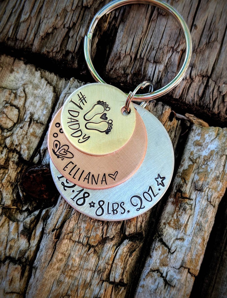 Personalized hand stamped new baby keychain. First fathers day gift. New daddy gift. Number 1 daddy. New father keychain. Gift for husband image 6