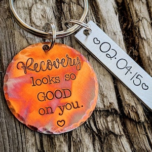 Personalized hand stamped sobriety keychain. Custom addiction recovery medallion. Alcoholics anonymous AA coin. Narcotics anonymous NA gift.