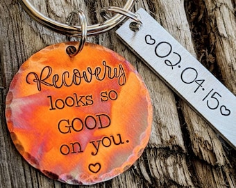 Personalized hand stamped sobriety keychain. Custom addiction recovery medallion. Alcoholics anonymous AA coin. Narcotics anonymous NA gift.