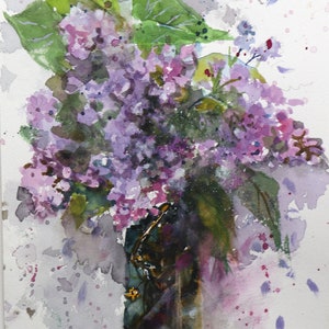 Lilas. Acuarela original. No es una huella. Lilas en florero. Violeta, rosa, negro. Mural. Salón dormitorio. Amante de las lilas. Regalo. Cumpleaños,