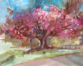 Cherry Blossom Tree. In full bloom! Original gouache painting. Impressionist feel. Perfect for a Spring birthday, mother's day, or any day.