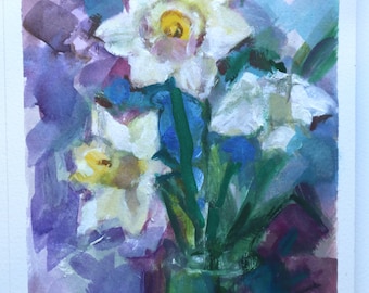 Three Daffodils, white daffodils, original gouache painting, spring, dark blue background, in glass vase, vivid colors, unframed, wall art,