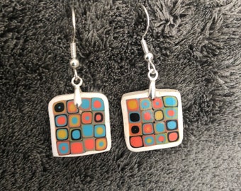 Earring contemporary white square red orange yellow ochre turqouise modern artsy polymer clay