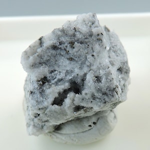 May include: A close-up of a rough, light gray mineral specimen with dark gray and black inclusions. The rock has a crystalline structure and a slightly textured surface. The mineral appears to be sitting on a white surface.