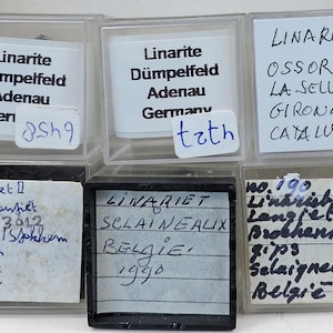 Linarite micromounts from Spain Belgium, Germany, UK, Spain and the USA
