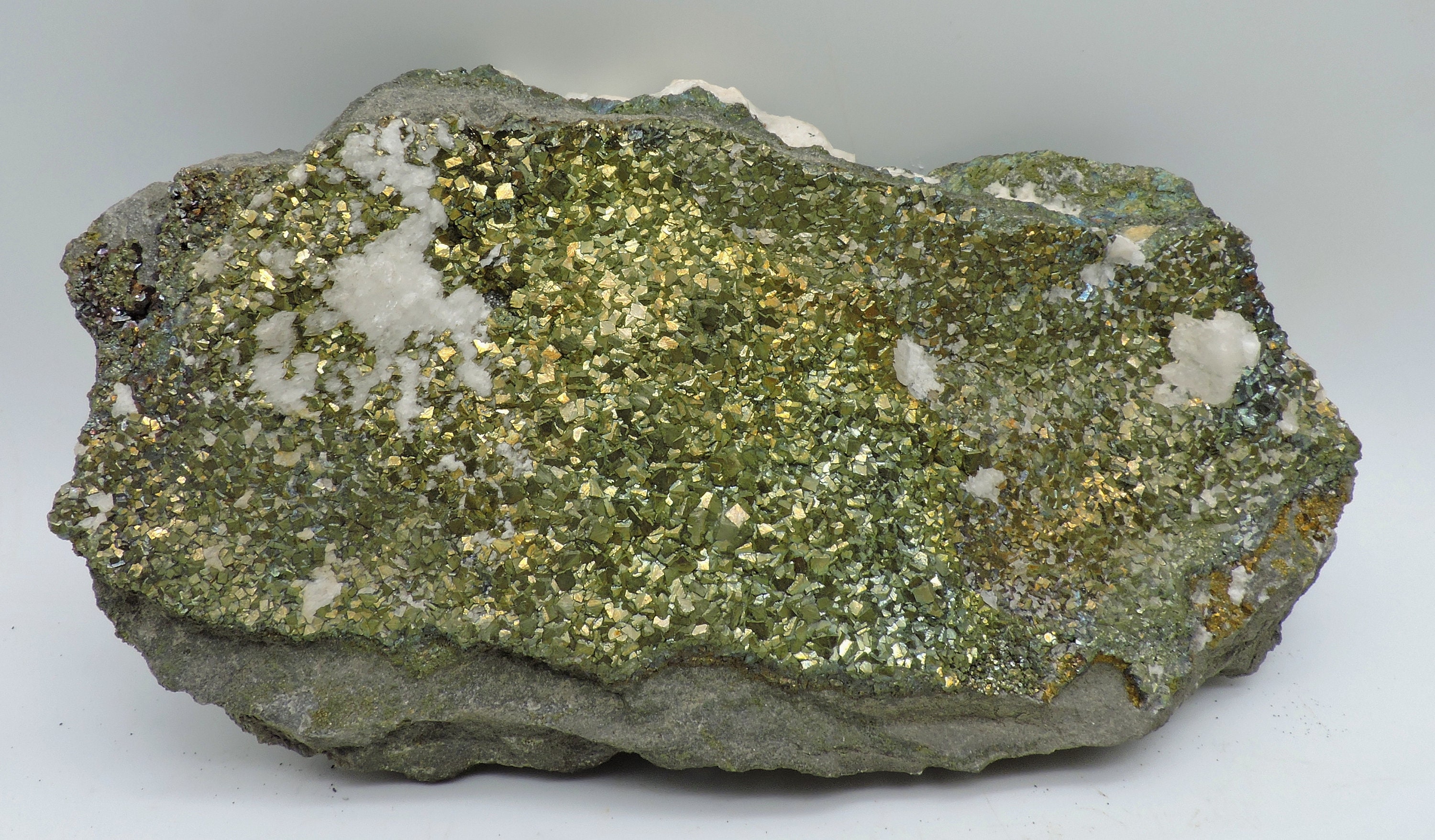 Pyrite, chalcopyrite and calcite on matrix from Germany – large cabinet size