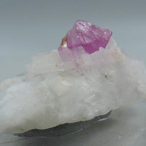 May include: A natural mineral specimen featuring a vibrant, crystalline, pink gemstone atop a white, textured matrix. The pink crystal is the focal point, with a rough, irregular shape. The base is a light gray color.