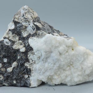 Könnte beinhalten: Ein grob behauener Felsformation mit einer Mischung aus Texturen und Farben. Der Felsen weist eine dunkelgraue Basis auf, die mit weißen und cremefarbenen kreisförmigen Mustern übersät ist. Ein großer, flauschiger weißer Abschnitt sorgt für Kontrast.