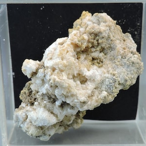 Könnte beinhalten: Ein rohes Mineralexemplar mit einer Ansammlung weißer, faseriger und kristalliner Formationen, die sich von einer texturierten, erdigen beigen und grauen Matrix abheben. Das Exemplar befindet sich in einer transparenten, quadratischen Box.