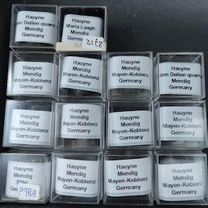 Puede incluir: Una colección de 12 pequeñas cajas de plástico transparente, cada una con una muestra de mineral Hauyne. Las cajas están etiquetadas con el nombre del mineral, el lugar donde se encontró y el país de origen. Las etiquetas son blancas con texto negro.
