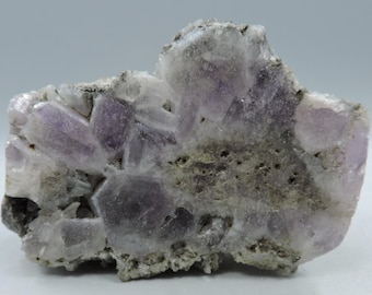 May include: A cluster of pale purple crystals embedded in a gray matrix. The crystals have a translucent appearance and are arranged in a random pattern.