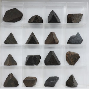 May include: A collection of 14 black and brown octahedral crystals displayed in a clear plastic box. The crystals are arranged in a grid pattern.