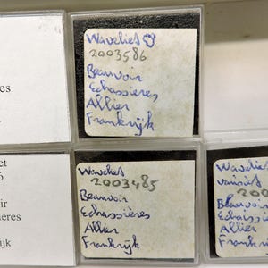 Pode incluir: Uma coleção de pequenos recipientes de plástico transparente, cada um com uma etiqueta branca com texto manuscrito em tinta azul. As etiquetas incluem a palavra "Wavelliet" e nomes de lugares franceses. Os recipientes estão dispostos em uma grade.