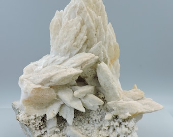 May include: A natural, off-white mineral specimen with a crystalline structure. The mineral features a cluster of blade-like formations rising from a base of smaller, granular crystals. The overall shape is irregular, with a rough, textured surface.