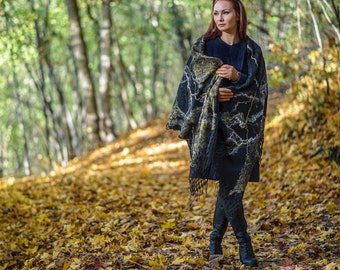 Black and brown blanket scarf for autumn- Oversized scarf in black, brown, gold and green - Huge felted black scarf - Extra large wool scarf