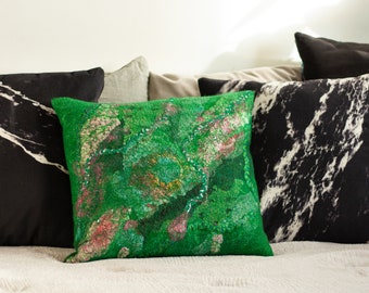 Bright green decorative cushion with pink hand painted silk accents