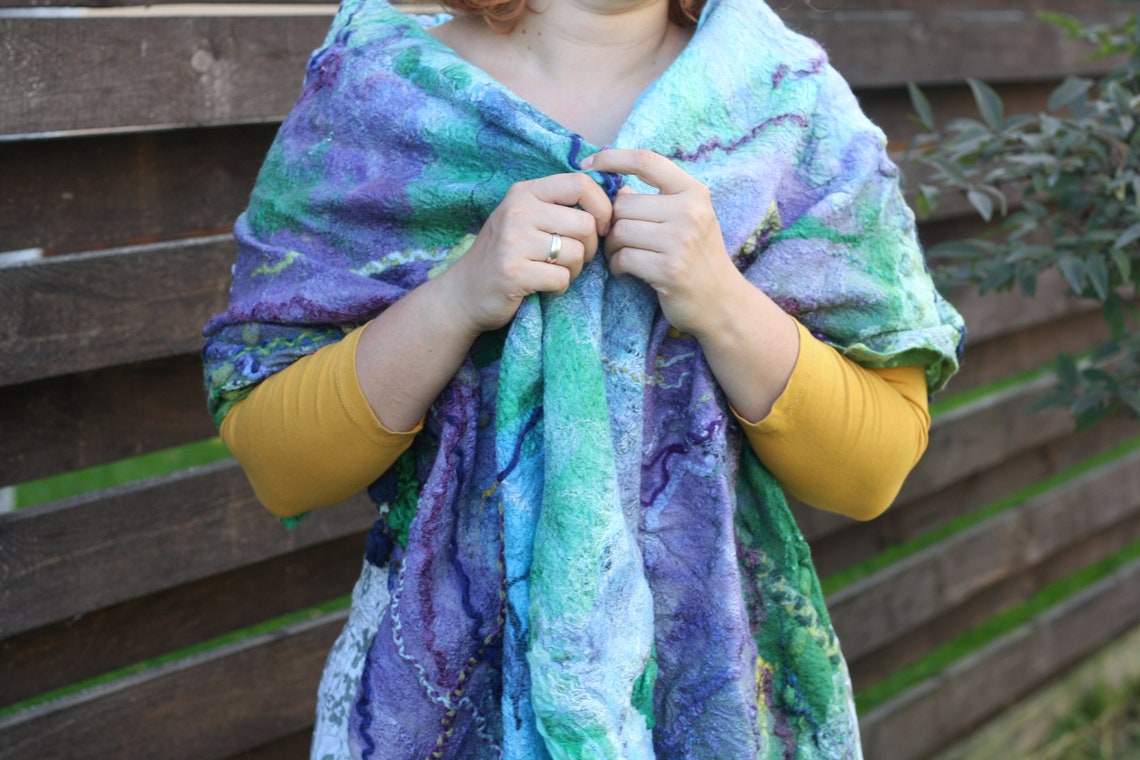 Blue Blanket Scarf With Purple and Green Decorations Bohemian Etsy
