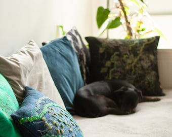 Handmade blue throw pillow for boho living room