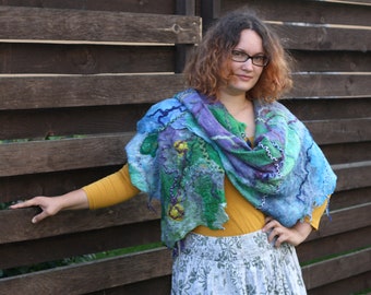 Blue blanket scarf with purple and green decorations- Bohemian scarf in blue - Large scarf for autumn - Oversized felted scarf for woman