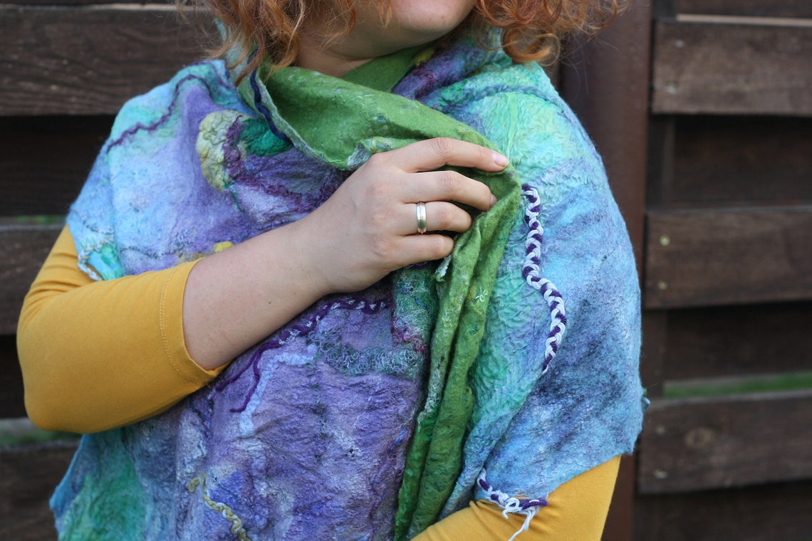 Blue Blanket Scarf With Purple and Green Decorations Bohemian Etsy