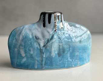 Blue and Turquoise Silhouette Flat Bottle porcelain Vase, Winter Tree design Flower Stem holder, Ceramic Art, Countryside Art