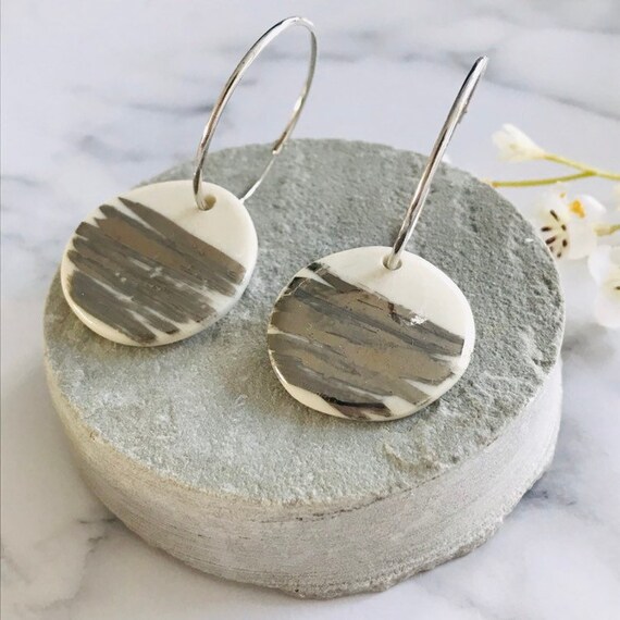 Platinum striped porcelain dangle earrings