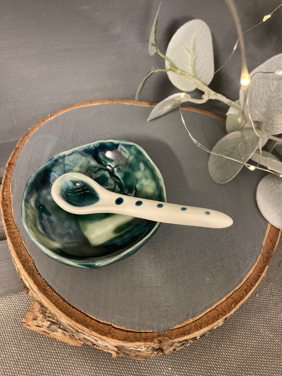 Organic Shaped Dip Bowl and Spoon Set in shiny dark blue and green glazes, Wabi-Sabi style, Organic shape, Handcrafted servingware